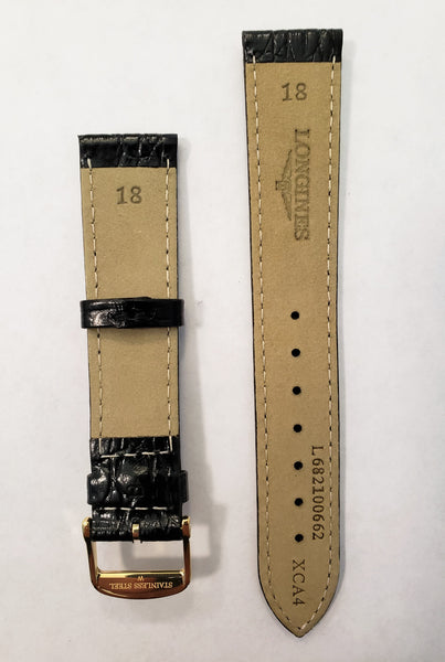 Longines 18mm L682100662 Black Leather Watch Band with Gold Buckle