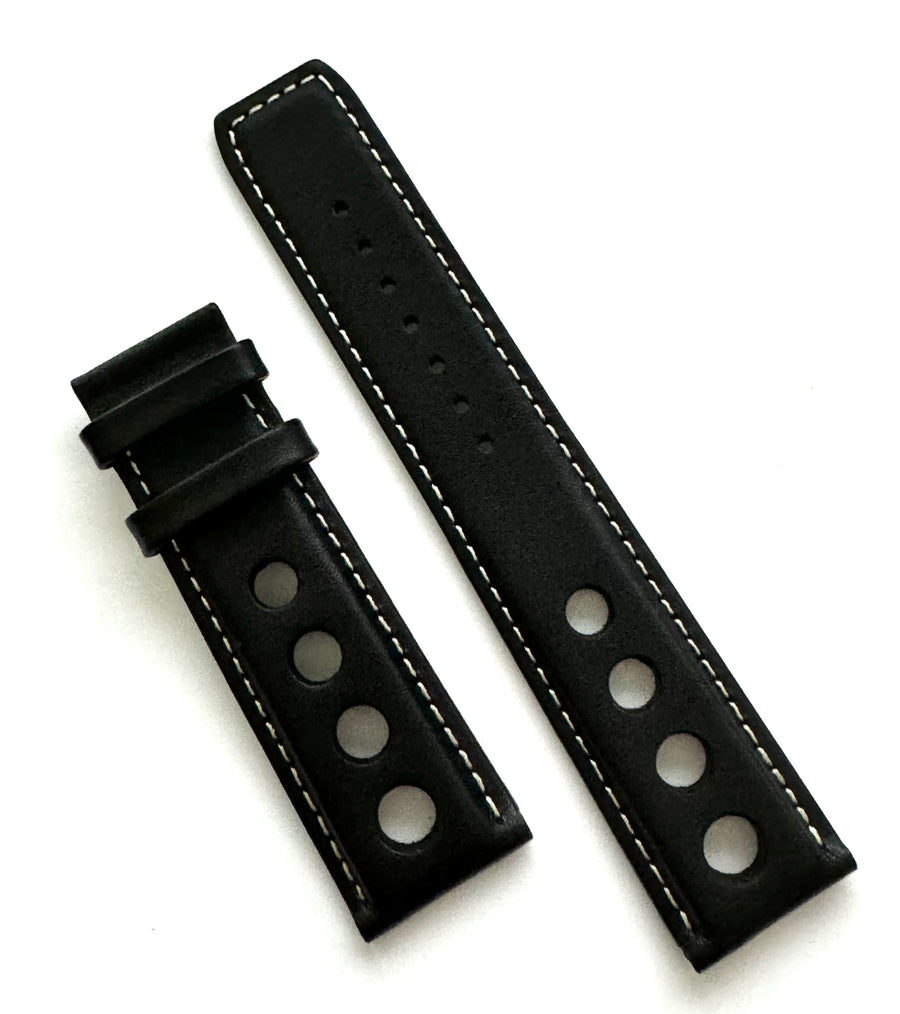 Tissot PRS516 22mm Black with White Stitching Leather Band Strap - WATCHBAND EXPERT